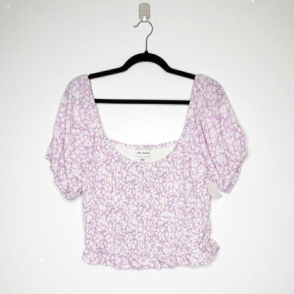 NWT Lost & Wander Smocked Floral Crop Blouse Top Women Purple White Size Large - Picture 1 of 4